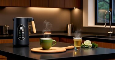 Електричний чайник з регулюванням температури 1.7л, 2200W, чорний, з дерев'яною обробкою