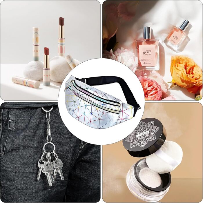 Сумка на пояс 80-х для жінок, лазерний стиль, блискітки, регульований ремінь, водонепроникна, для активного відпочинку, подорожей, туризму, відпустки (срібна, оновлена версія)