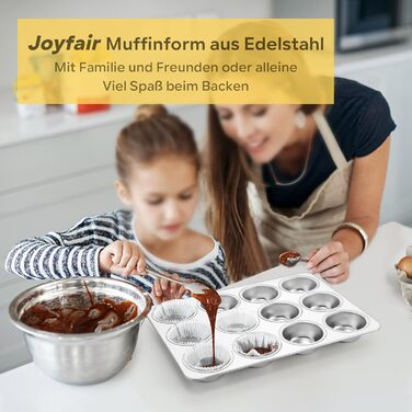 Joyfair Muffin Tin, Stainless Steel Muffin Pan for 12 Muffins, Muffin Baking Pans 35 x 27cm, Muffin Baking Pan for Cupcakes, Brownies, Pudding, Cake, Non-Toxic & Healthy, Oven & Dishwasher Safe