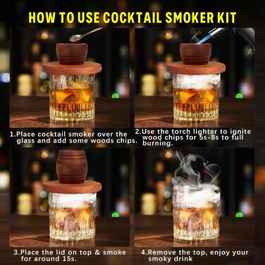 Набір для копчення коктейлів з факелом - 8 смаків дерев'яної стружки - Набір для диму Whiskey, Bourbon, Old Fashioned, подарунок на день народження, Різдво для чоловіків, тата, чоловіка