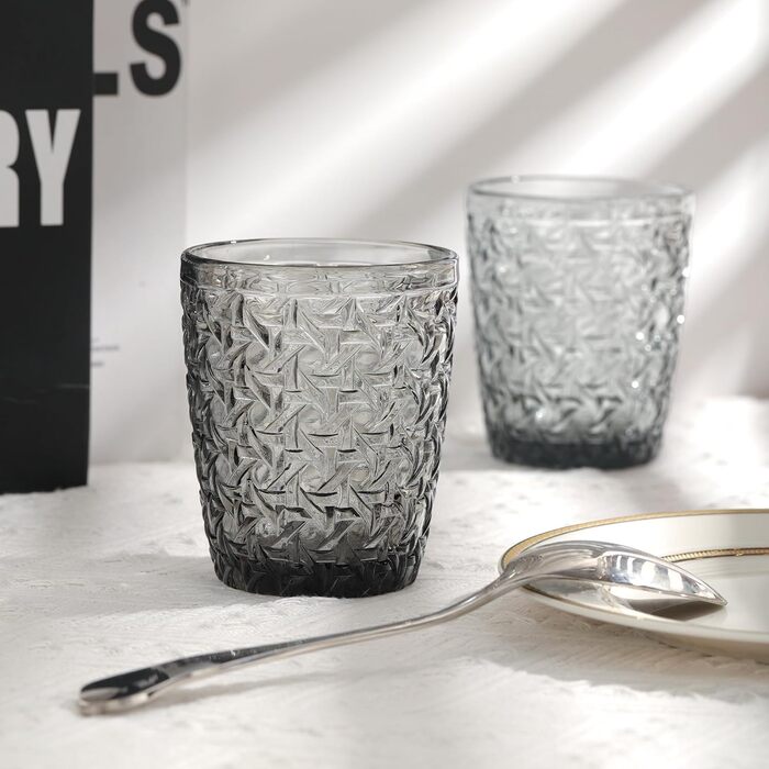 Joeyan 300 ml Gray Water Glasses with Embossed Design, Modern Drinking Glasses Juice Glasses Tumblers, Dishwasher-Safe Glasses Set of 6