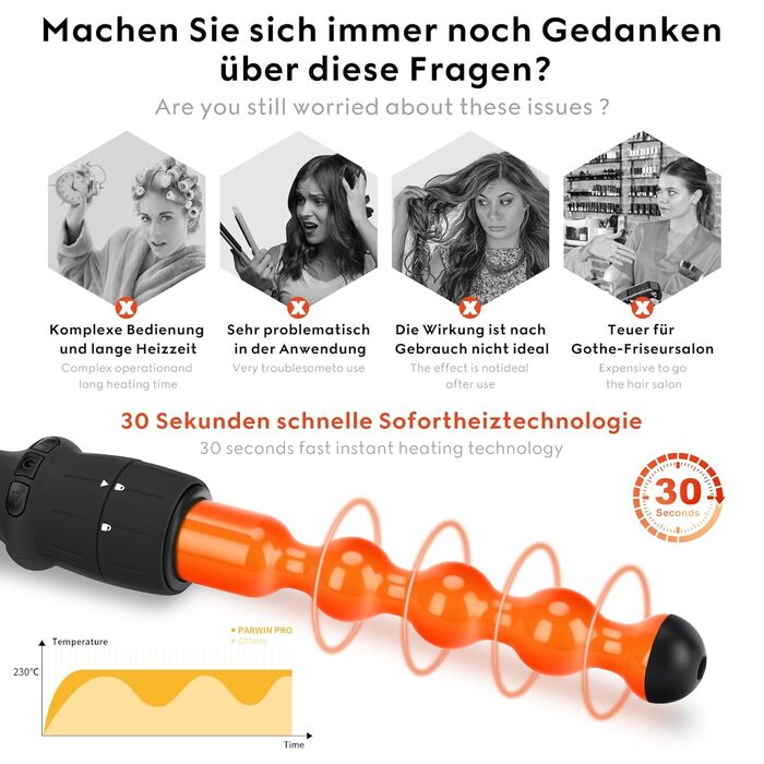Професійний локон для волосся Parwin Pro Beauty Lockenstab 7-в-1, керамічний, LCD-дисплей, 100-230°C