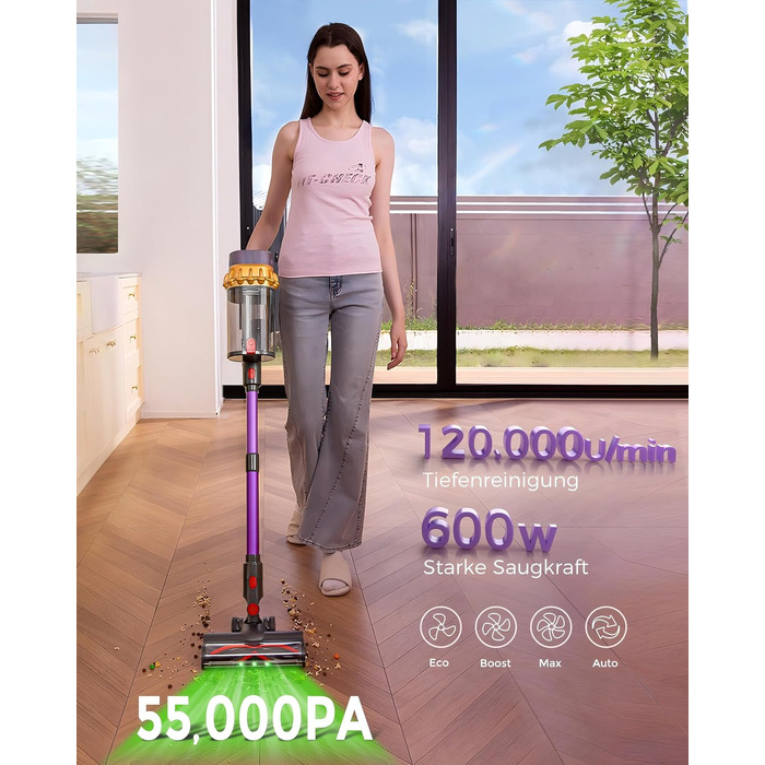 Акумуляторний бездротовий пилосос 600W, потужність всмоктування 68КПа, колір Purple