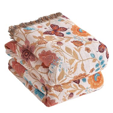 Богемна ковдра Boho з 100% бавовни, м'яка двостороння муслінова ковдра 150x200 см, плед для дивану та ліжка, декоративна patchwork ковдра, літня ковдра для вітальні, зелено-бежева (200 x 230 см, Blumentanz)