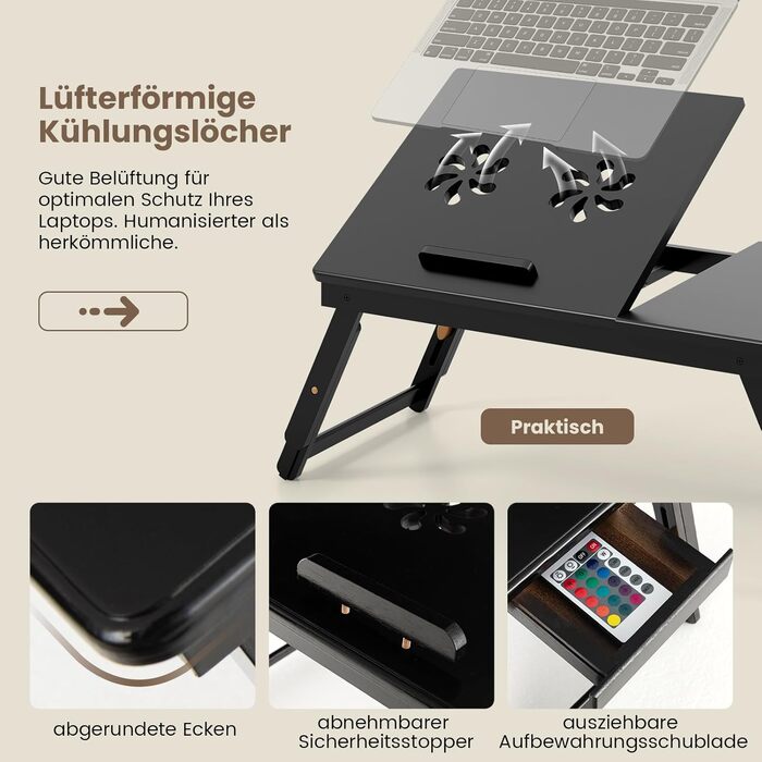 Столик для ноутбука COSTWAY з бамбука, регульований по висоті та куту нахилу, з вентиляцією, з ящиком, складний, для ліжка, читання, сніданку, 53 x 33 x 20-26,5 см (колір: коричневий)