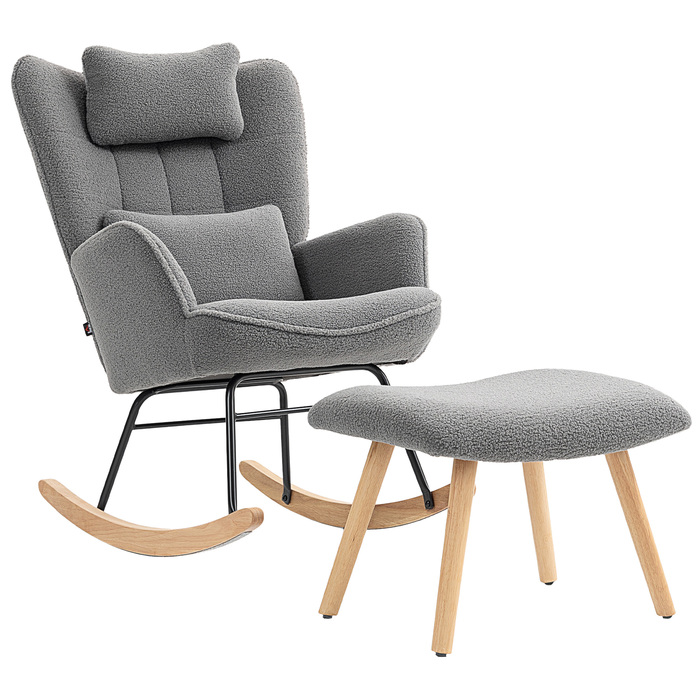 HOMCOM Rocking Chair with Ottoman, Soft Fleece Upholstery, Wooden Legs, Cushion, High Back, Rocker, Dark Grey