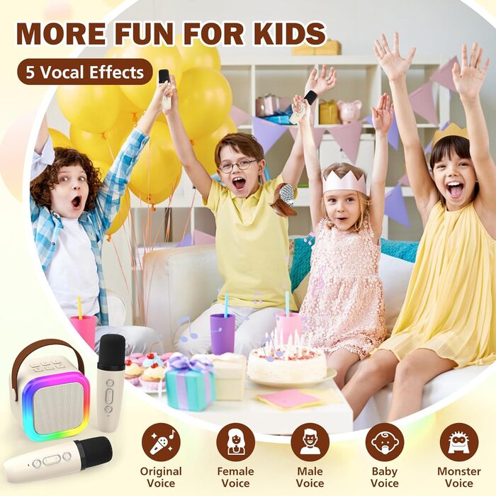 Дитяча караоке-машина з 2 бездротовими мікрофонами, портативна колонка для дітей та дорослих, подарунок для дівчинки, бежевий колір