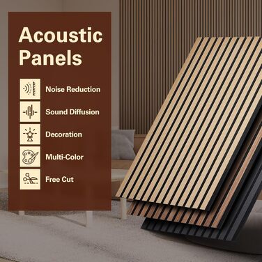 Акустичні панелі з дерев'яним шпоном самоклейні, набір 2 шт. (100x52 см) для шумоізоляції та декору стін у вітальні, офісі та домашньому кабінеті