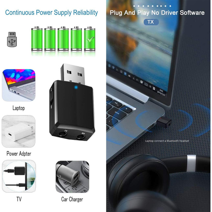 Isobel Bluetooth Передавач/Приймач 2-в-1: Адаптер Bluetooth 5.0 з низькою затримкою для TV/PC/Laptop. Підтримка Optical, Toslink, RCA, 3.5mm AUX. Dual Link (USB)