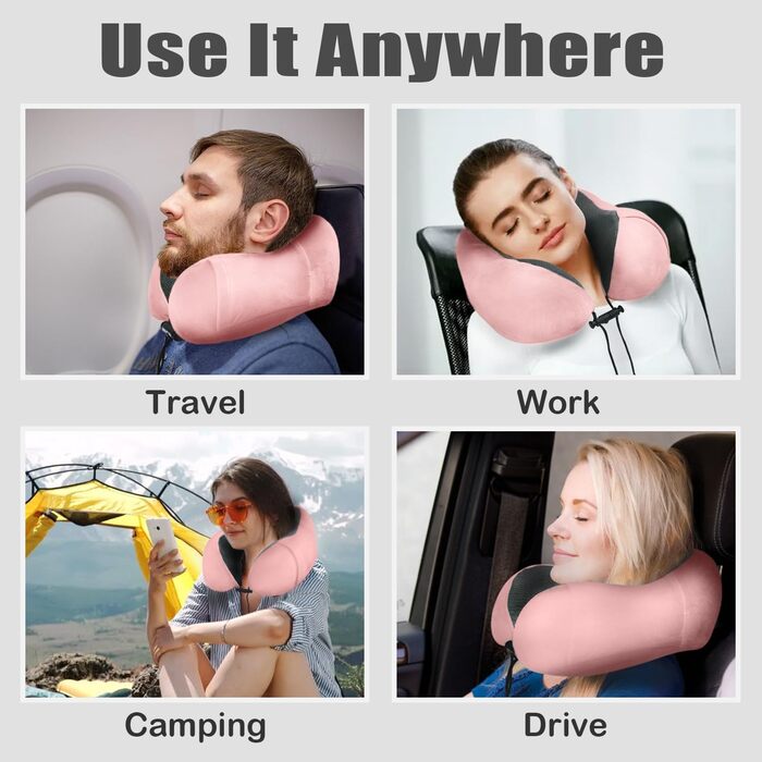 Подушка для шиї у вигляді U, Memory Foam, для подорожей на літаку, авто, в офіс. З маскою для сну та навушниками. Рожева