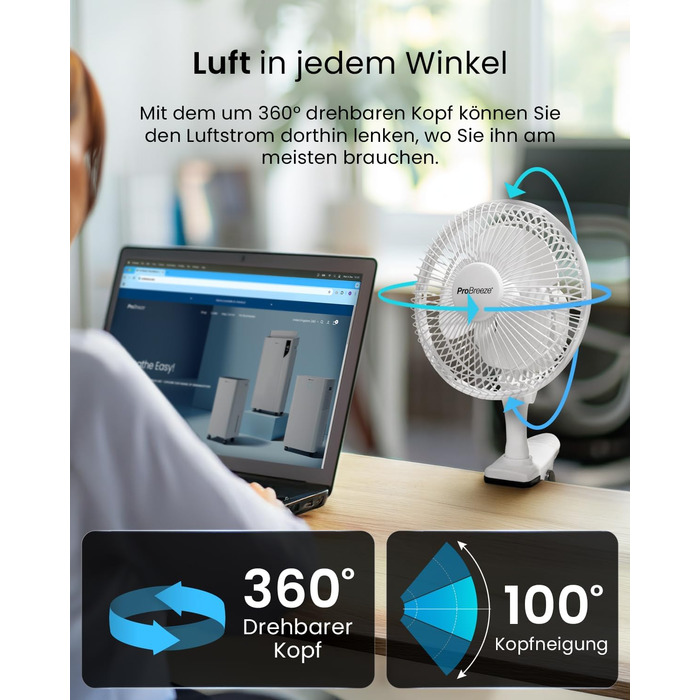 Mini вентилятор Pro Breeze з кліпсою, 20 см, 2 швидкості, тихий, для столу, офісу, кімнати, росту рослин, білий
