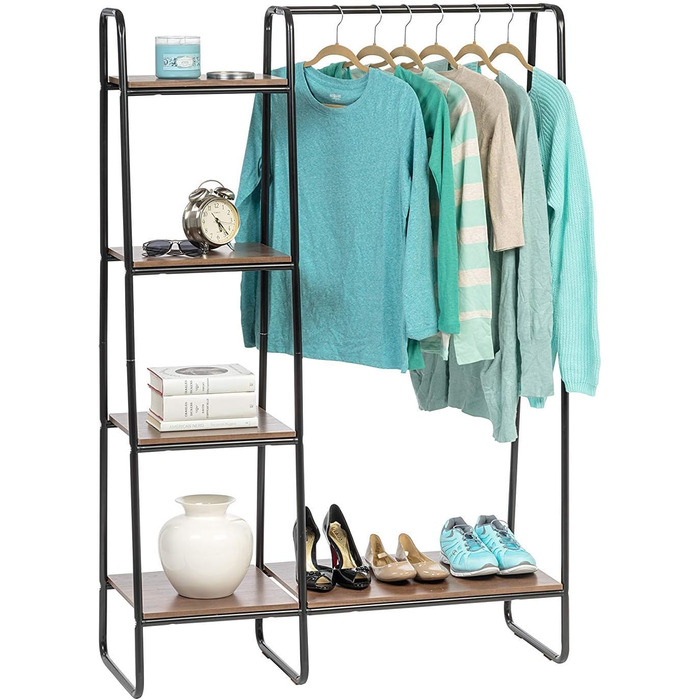 Iris Ohyama Clothes Rack with Wooden Shelves, 4 Levels, White, Modern Design, Robust Frame, Non-Slip, For Bedroom, Studio, Closet, Clothes & Shoes, Laundry Rack, Easy Assembly, (Black, 2 Shelves + Panels)