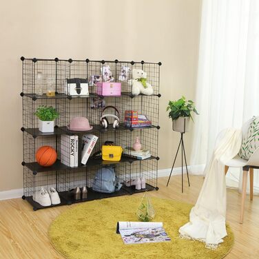 SONGMICS Storage Cubes, 16 Cube Storage System from Metal Wire, DIY, Modular Grid Shelf, with Wire Frame, Black LPI44H