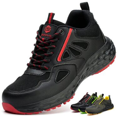 Черевики робочі ISOOUS для чоловіків та жінок. Безпекові черевики, легкі, з пластиковим носком, дихаючі, антиковзкі, модель снікерс, для кухні, спортивні, 48 EU, чорно-червоні