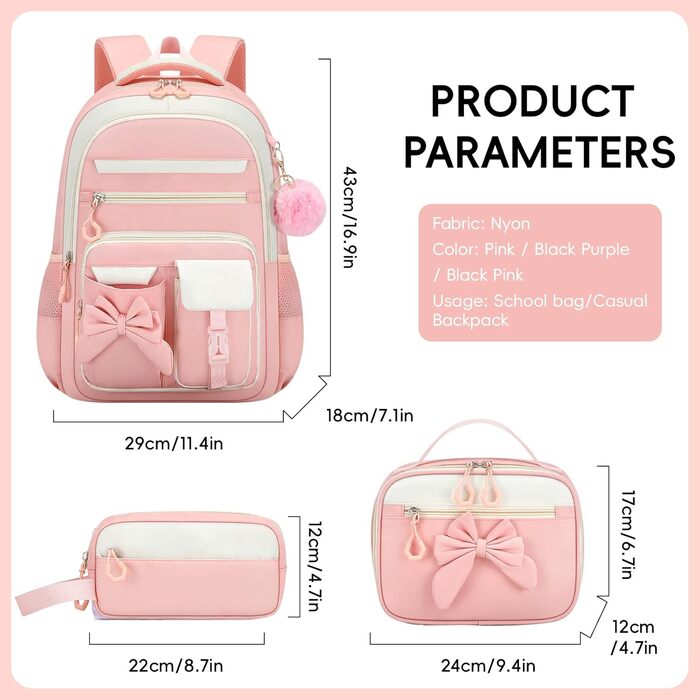 Шкільний рюкзак для дівчинки 3 в 1: рюкзак, ланч-бокс, пенал. Kawaii дизайн, 3-7 клас, антикрадійний, 24L, рожевий