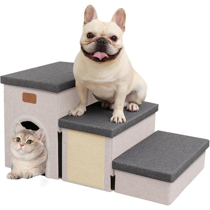 Сходинка для собак Downluxe: 3 сходинки для маленьких собак, з антиковзким покриттям, когтеточкою та гніздом (сіро-бежевий)