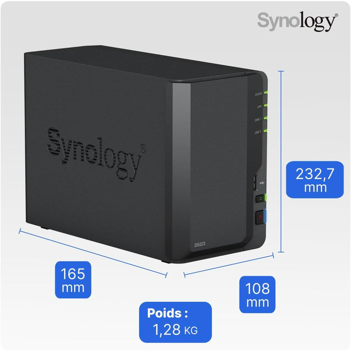 Synology DS223 - 2-Bay NAS DiskStation, Чорний, 2 ГБ RAM, 1x RJ-45 LAN, Realtek RTD1619B, 0TB