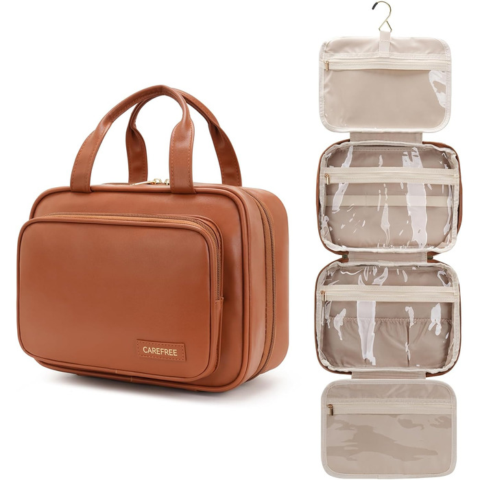 Сумка-органайзер для косметики та туалетних аксесуарів для жінок та чоловіків, з металевим гачком, з PU-шкіри, коричнева