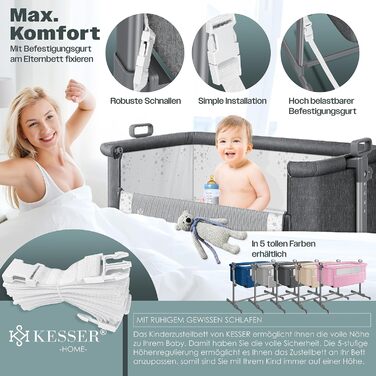 KESSER® Hubi 3in1 Bedside Bed, Travel Bed, Baby Bed with Soft Mattress, Mobile Bed, 5-Level Height Adjustment, Foldable Side Rail for Home and On the Go, Dark Grey