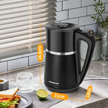 Електричний чайник Aigostar Alva з регулюванням температури 40°C-100°C, 1.7 л, подвійні стінки, Cool Touch, LED дисплей, тихий, бездротовий, з функцією підтримання тепла, 2200W, BPA Free, чорний