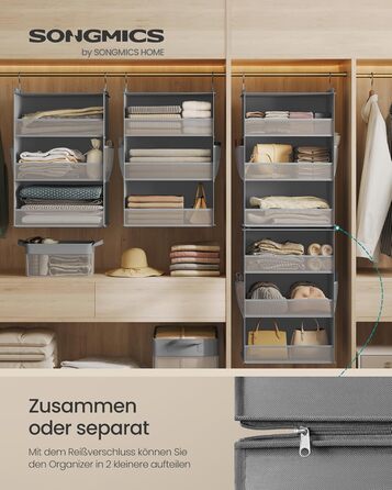 Органайзер для шафи SONGMICS: роздільник, полиця-вішалка, розкладний, економія місця, металеві гачки, бамбукові вставки, білий, сірий