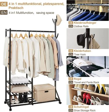 Yorbay Bamboo Clothes Rack with Wheels, Clothes Rail, 3 Shelves and 6 Hooks, Tree Shape, 100 x 38 x 176 cm (Black)