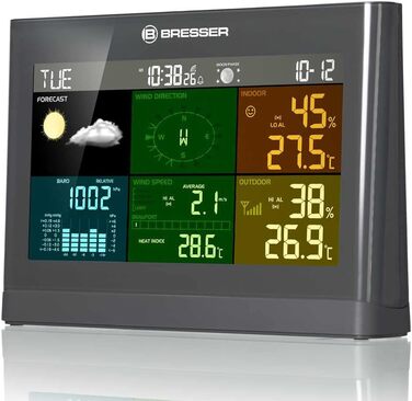 Метеостанція Bresser з бездротовим зовнішнім датчиком 5-в-1 (температура, тиск, вологість, анемометр, дощомір), сіра