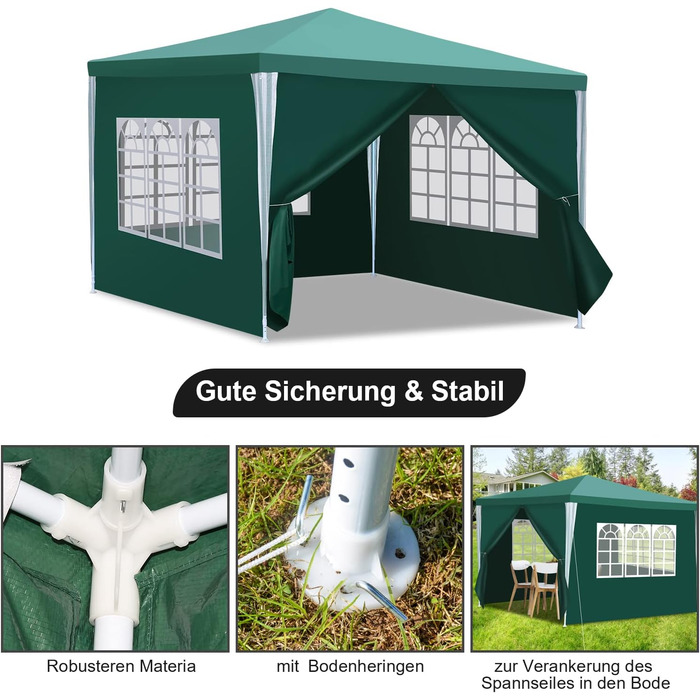 Waterproof Garden Pavilion, Gazebo, Stable and Winter-Proof with 4 Side Panels and Windows, Garden Party Tent with UV Protection 50+ for Parties, Market Stalls, Flea Markets, and Camping, Green, 3x3m