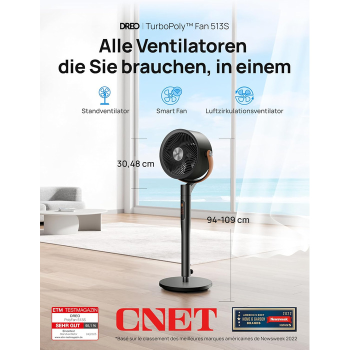 Dreo PolyFan 513S: Тихий розумний вентилятор з широким охопленням та 6 режимами (білий/чорний)