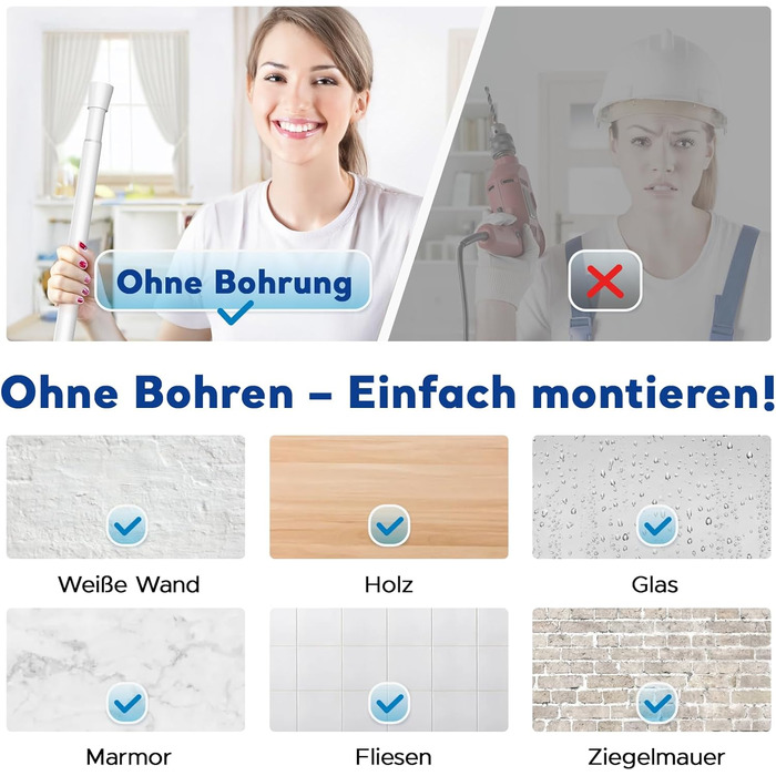 Штанга для карнизів без свердління – діаметр 25 мм, 1 шт. Регульована телескопічна штанга для кріплення, для штор, душової завіси та гардеробу (білий, 71-98 см)