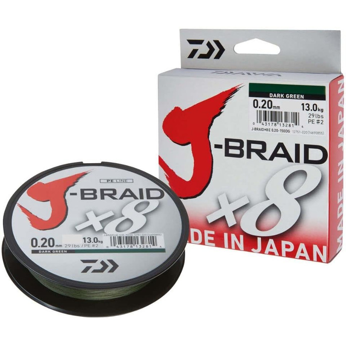 Плетена риболовна ліска Daiwa J-Braid 8-жильна, 300 м, темно-зелена, діаметр 0,13 мм