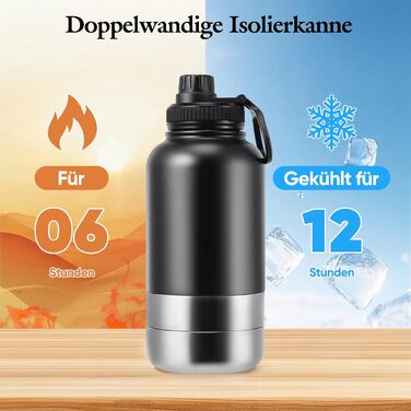 Водяна пляшка для собак на винос 4-в-1, 1000 мл, з мисками для води та корму, з нержавіючої сталі, BPA-Free