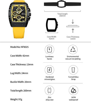 Чоловічий кварцовий годинник Naviforce з автом. датою та тижневим індикатором, аналоговий (чорний+жовтий+жовтий)