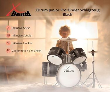XDrum Junior Pro Kinder барабанний комплект Red - для дітей 5-9 років - з аксесуарами та навчальним посібником (Чорний, Solo)