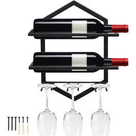 Giyiprpi Metal Wall-Mounted Wine Rack, Hanging Wine Glass Holder Organizer for 2 Bottles and 3 Glasses Included, Wine Shelf Red Wine Shelf for Home Kitchen Bar Display Decor (Black 2) (Black A1)