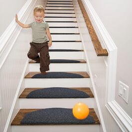 Rina Non-Slip Stair Treads - 22x65 cm - 15 Piece Set - Dark Grey Adhesive Anti-Slip Carpet for Wooden Stairs - Indoor Safety