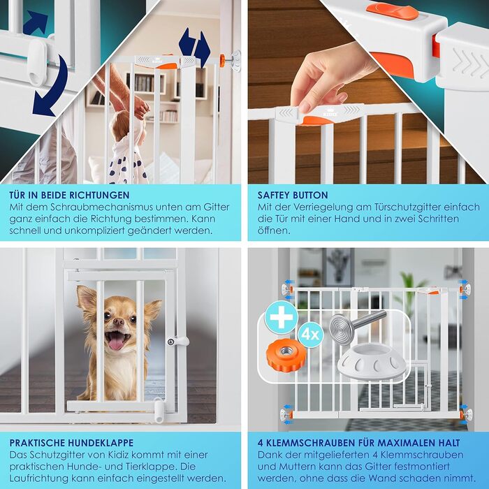 Захисне ворота KIDIZ для котів з люком, захист для дверей, ворота на сходи для дітей без свердління | Зупинка 90°, поворотне, захист для сходів, білий/ширина: (102-115 см, помаранчевий)