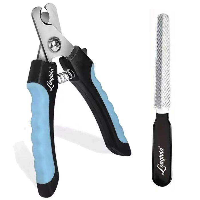 Професійна кусачка для собак та котів 15,5 см з нержавіючої сталі з пилочкою для нігтів. Кусачки для нігтів, висока якість. Для великих та маленьких собак, з захистом від защемлення. Чорно-синій колір.