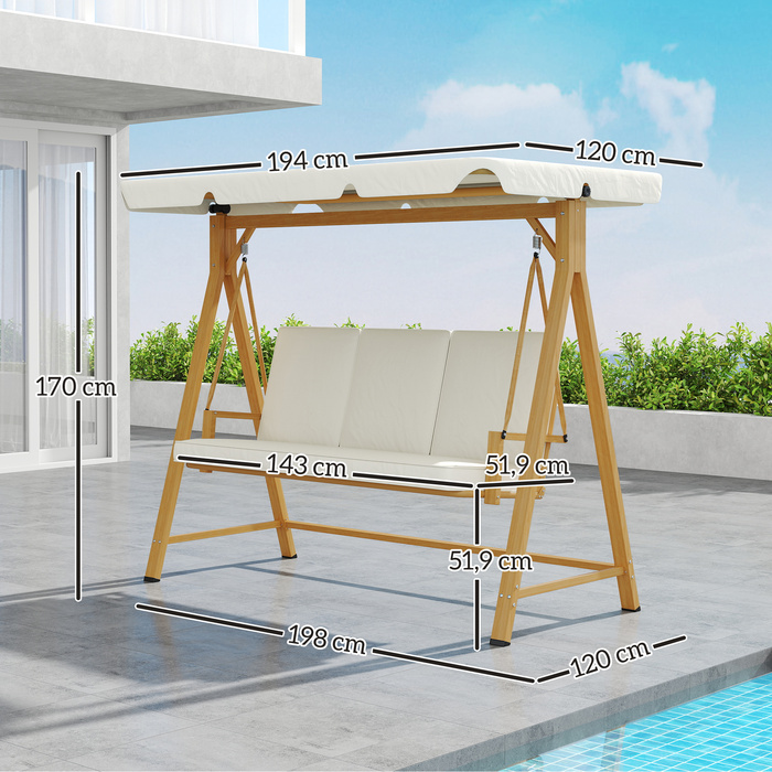 Outsunny Hollywood Swing with Adjustable Sun Canopy and Seat Cushion, Wood-Look 3-Seater Garden Swing, Load Capacity up to 330kg, Swing Bench for Garden, Terrace 198 x 120 x 170cm, Beige | Aosom