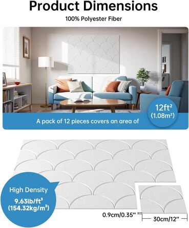 Акустичні панелі Soundsbay для звукоізоляції та декору стін, самоклейні шумопоглинаючі плити з поліестеру, 30x30x0.9 см, білі (12 шт)