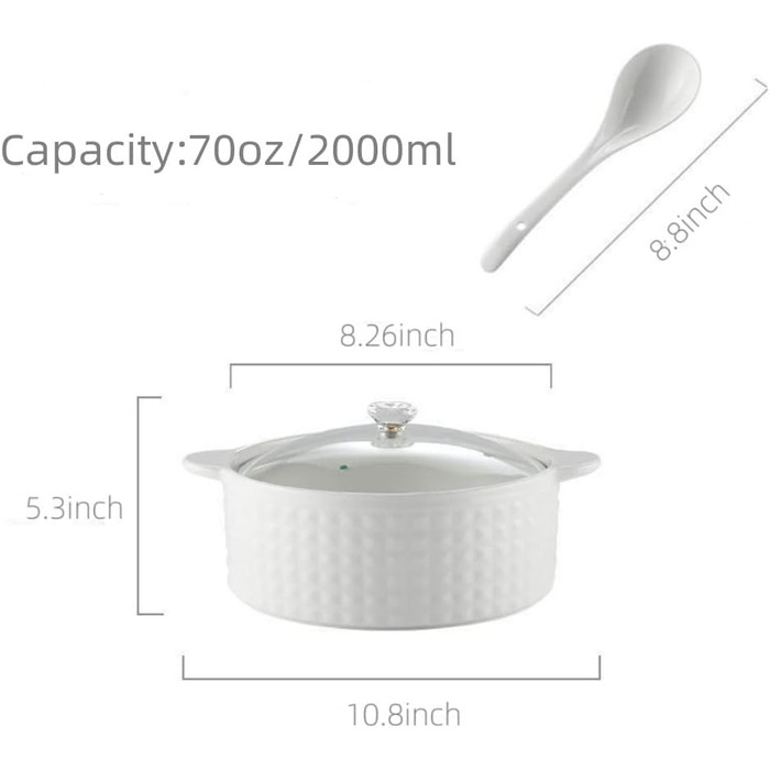 Soup tureen with lid and ladle set, 2L ceramic serving bowl with glass lid, serving dishes with double handles, porcelain, white, microwave and dishwasher safe