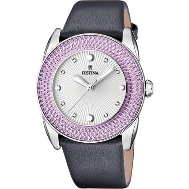 Жіночий класичний годинник Festina F16591/7 з кварцовим механізмом, сірим шкіряним ремінцем та мінеральним склом, водонепроникність 5 ATM