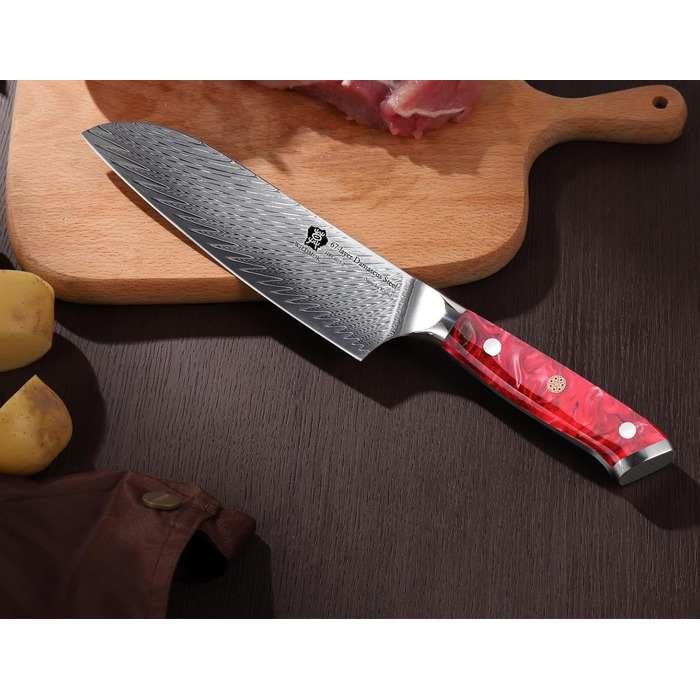 Ніж кухонний WILDMOK Santoku 17 см, професійний японський ніж з дамаської сталі VG10, червона рукоятка