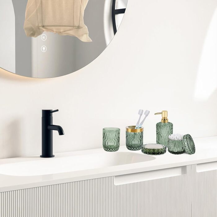 Набір аксесуарів для ванної кімнати NZZVNZ, 5 шт. - зелене скло, набір мильниць, дозатор мила, тримач для зубних щіток, контейнер для ватних паличок, склянка, декор для ванної кімнати, вінтажний подарунок