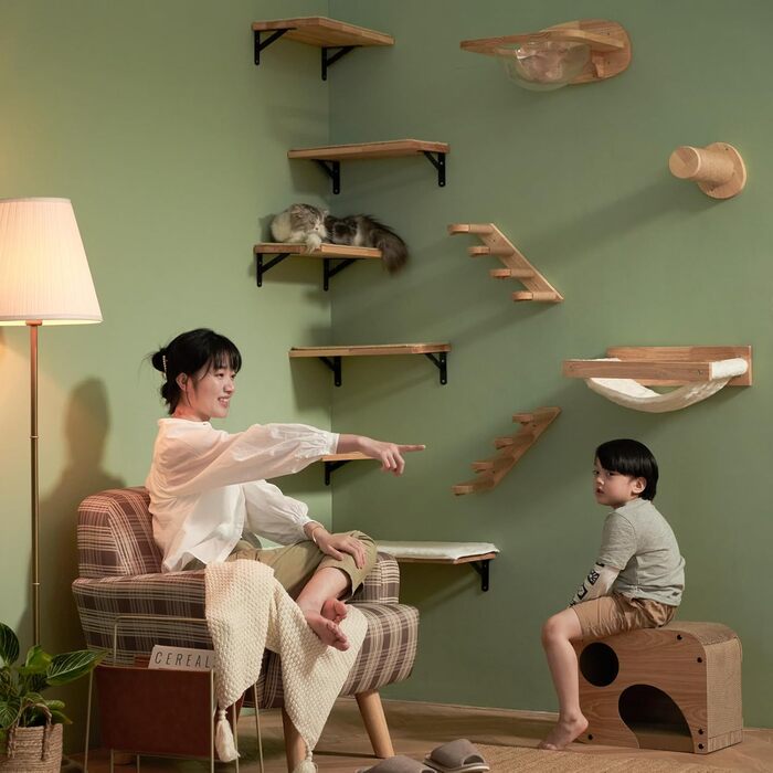 FUKUMARU Climbing Wall for Cats, Cat Bed Wall made of 2cm thick solid rubber wood with durable sisal scratching mat, 40x25cm Wall Cat Lounger/Cat Ladder