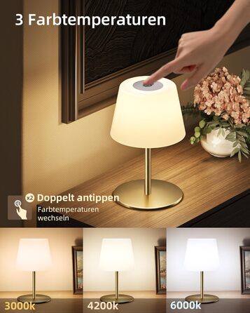 Настільна LED лампа EZVALO бездротова, 2 шт., IP65, 4500mAh, USB-C, диммер сенсорний, 3 режими світла, золота. Лампа для кемпінгу, спальні та столу.