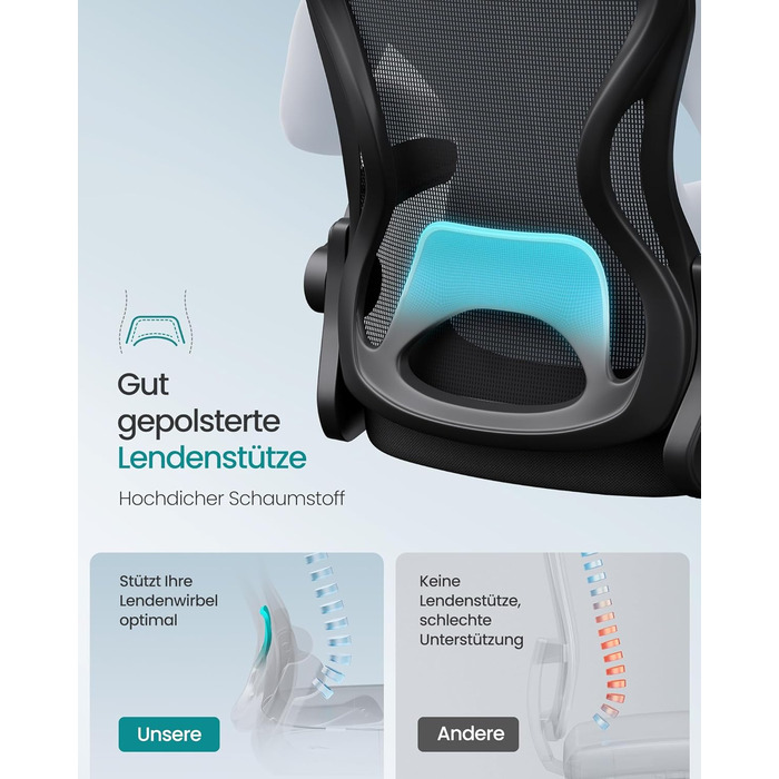 Офісне крісло SONGMICS OBN041B01, ергономічне, сітчасте, з регульованою підніжкою та підголівником, для дому та офісу (Чорний)