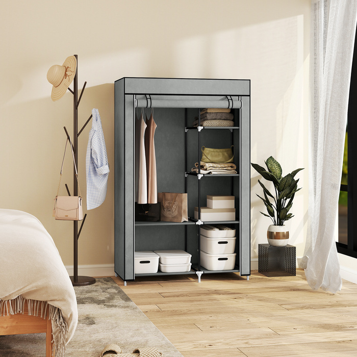 HOMCOM шафа для одягу, тканинна шафа, 6 відділень, сірого кольору, 103x43x162,5 см, складана шафа для одягу з виглядом з флісу | Aosom