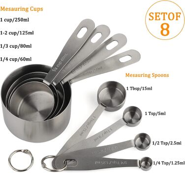 Stainless steel measuring cups and spoons, set of 8 consisting of 4 measuring cups and 4 spoons for dry and liquid ingredients