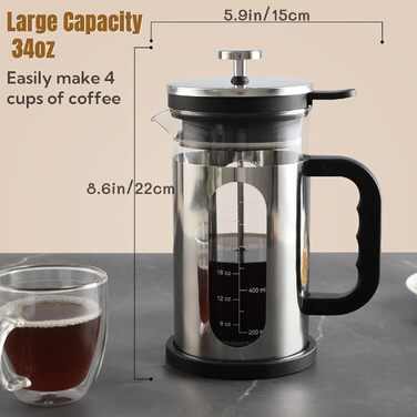 Френч-прес для кави, 1 л, скло Borosilikat, нержавіюча сталь, з багаторазовими фільтрами, портативна кавоварка для кухні, подорожей, кемпінгу